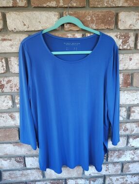 Susan Graver Modern Essentials Blue Liquid Knit 3/4 Sleeve Tunic Top Sz L Travel